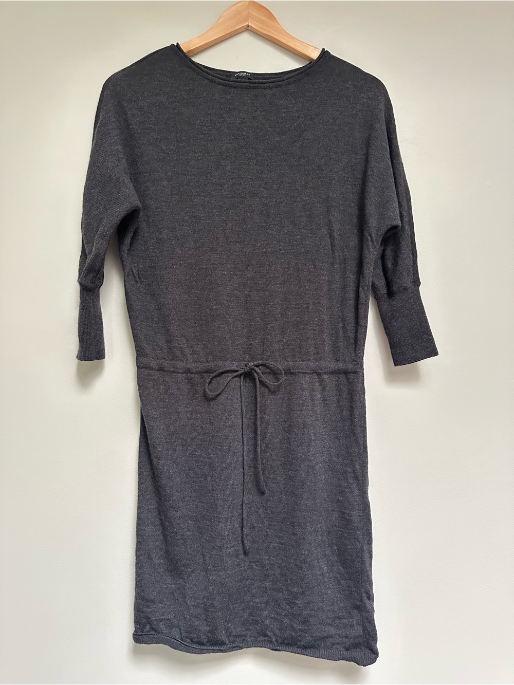 Ann Taylor Merino Wool Knit Sweater Dress Charcoal 3/4 Sleeve XS Tie Waist
